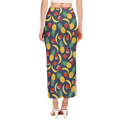 Cute Tropical Fruits Pattern Print Side Slit Maxi Skirt