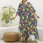 Cute Tropical Fruits Pattern Print Silk V-Neck Kaftan Dress