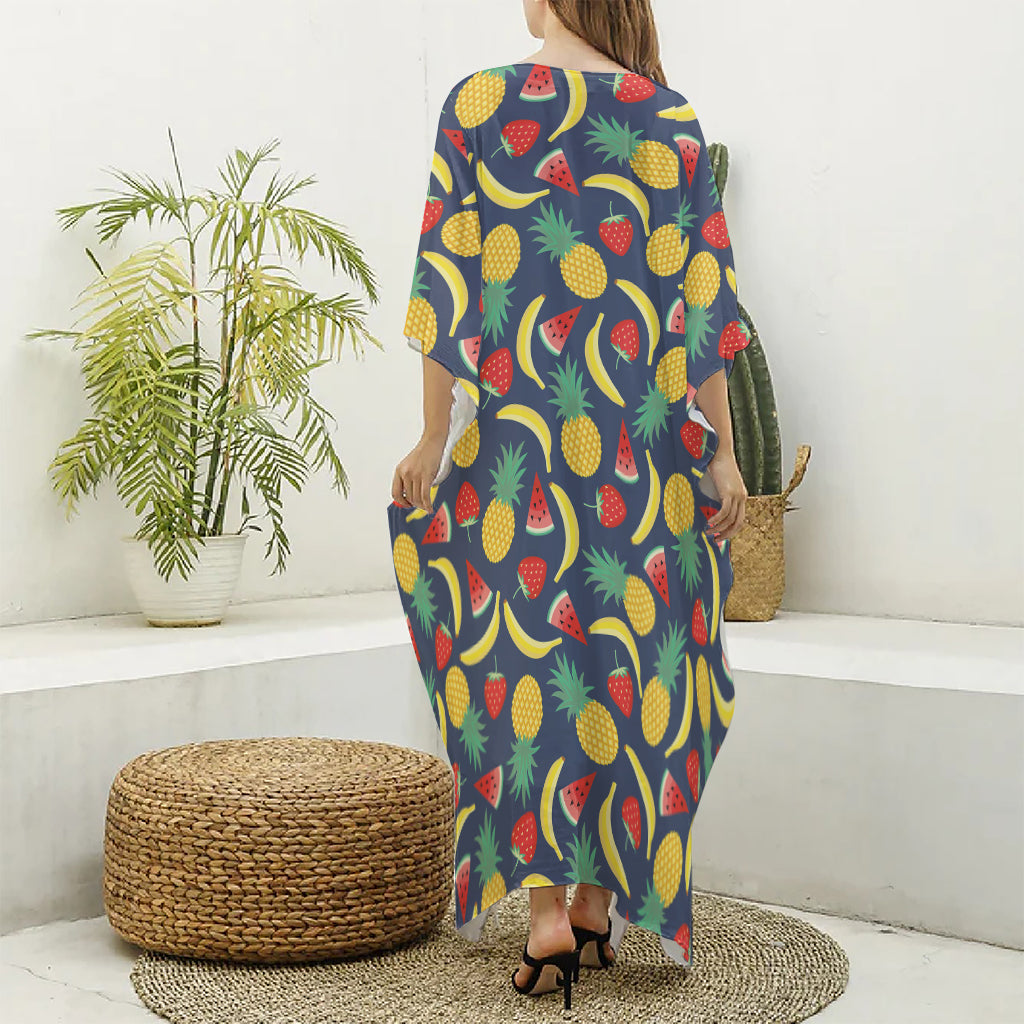 Cute Tropical Fruits Pattern Print Silk V-Neck Kaftan Dress