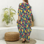 Cute Tropical Fruits Pattern Print Silk V-Neck Kaftan Dress