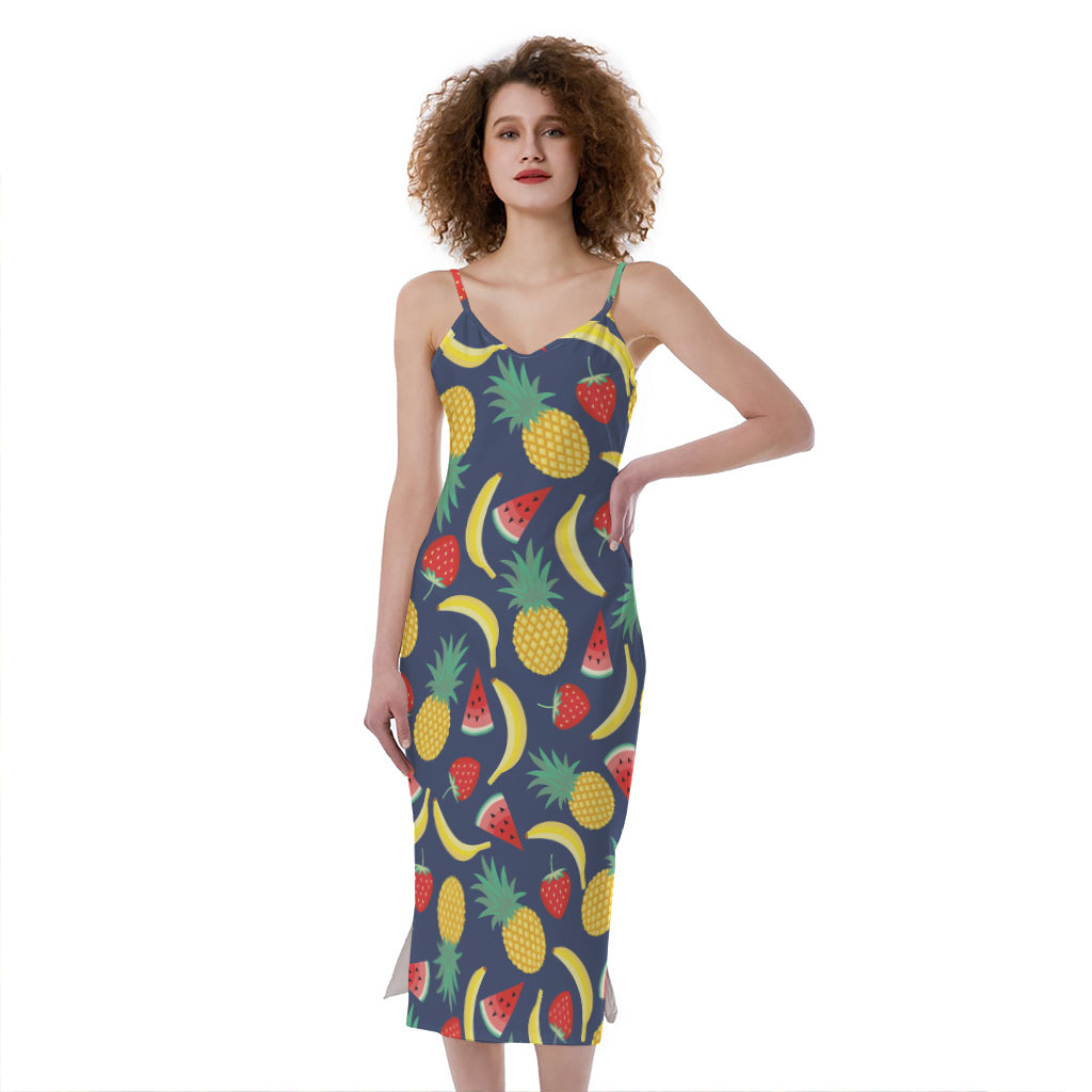 Cute Tropical Fruits Pattern Print Slim Fit Midi Cami Dress