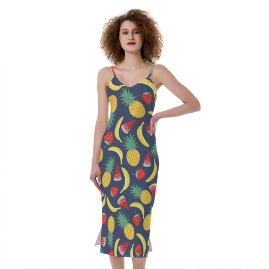 Cute Tropical Fruits Pattern Print Slim Fit Midi Cami Dress