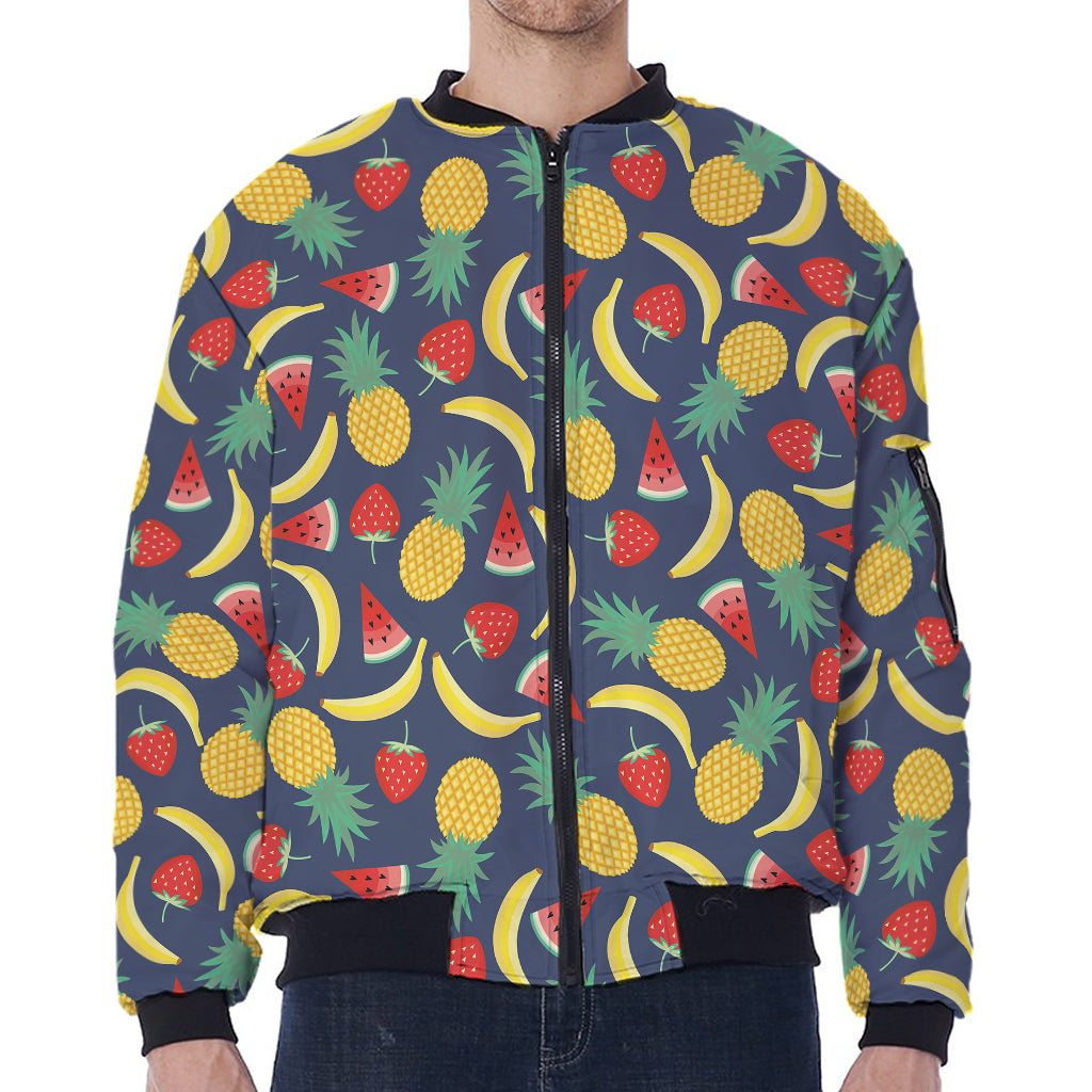 Cute Tropical Fruits Pattern Print Zip Sleeve Bomber Jacket