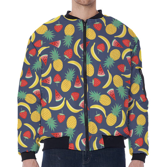 Cute Tropical Fruits Pattern Print Zip Sleeve Bomber Jacket