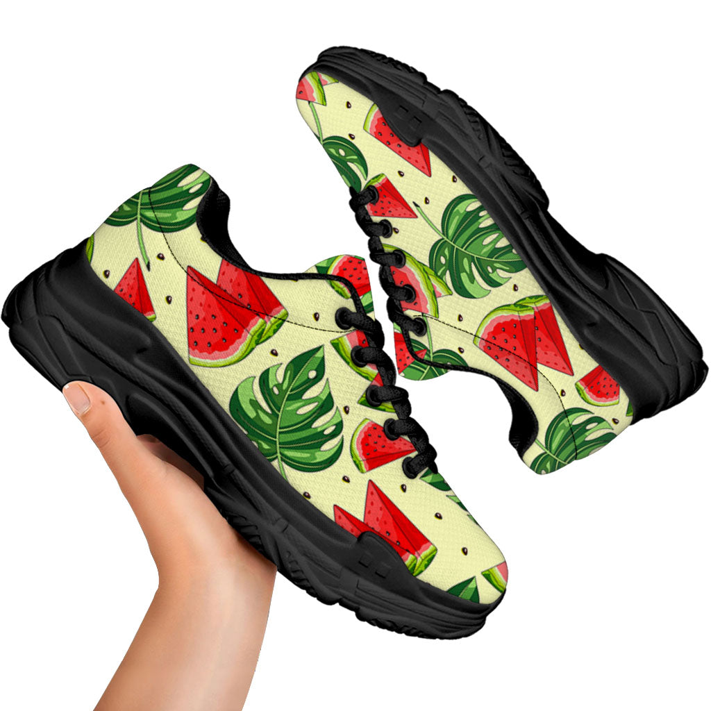 Cute Tropical Watermelon Pattern Print Black Chunky Shoes