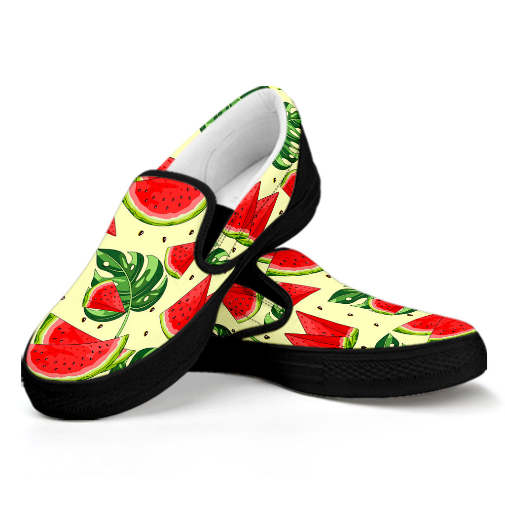 Cute Tropical Watermelon Pattern Print Black Slip On Sneakers
