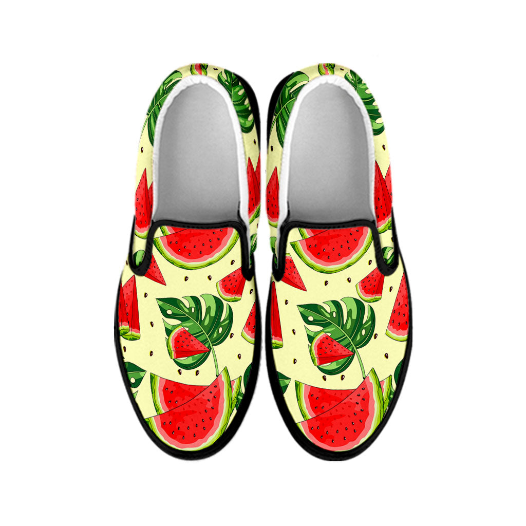 Cute Tropical Watermelon Pattern Print Black Slip On Sneakers