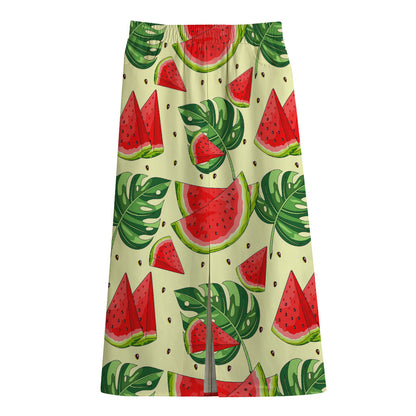 Cute Tropical Watermelon Pattern Print Cotton Front Slit Maxi Skirt