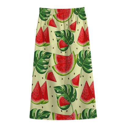 Cute Tropical Watermelon Pattern Print Cotton Front Slit Maxi Skirt