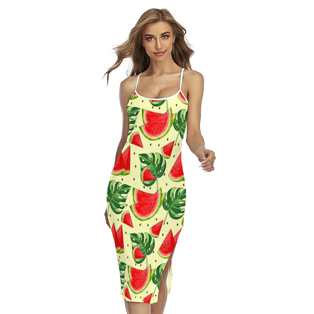 Cute Tropical Watermelon Pattern Print Cross Back Cami Dress