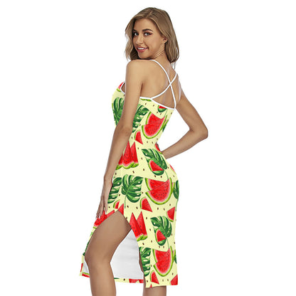 Cute Tropical Watermelon Pattern Print Cross Back Cami Dress