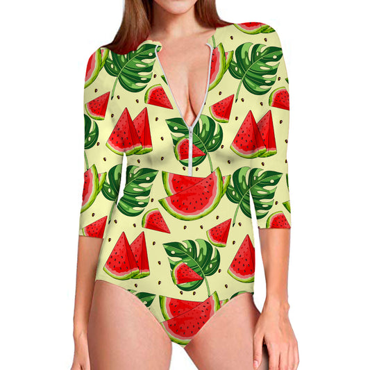 Cute Tropical Watermelon Pattern Print Long Sleeve Swimsuit