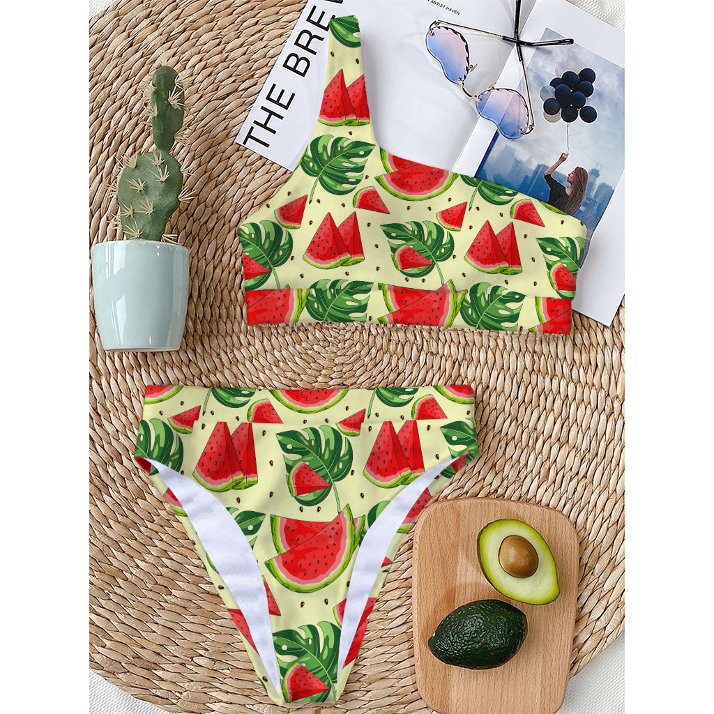 Cute Tropical Watermelon Pattern Print One Shoulder Bikini Top