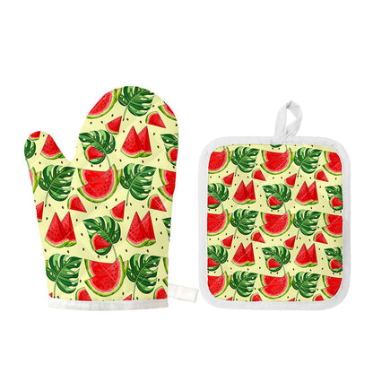 Cute Tropical Watermelon Pattern Print Oven Mitt And Pot Holder Set