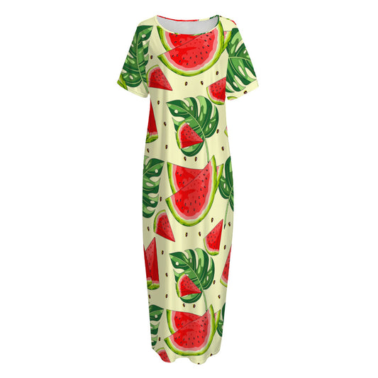 Cute Tropical Watermelon Pattern Print Short Sleeve Long Nightdress