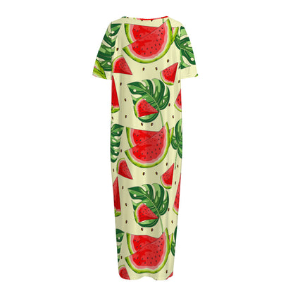 Cute Tropical Watermelon Pattern Print Short Sleeve Long Nightdress