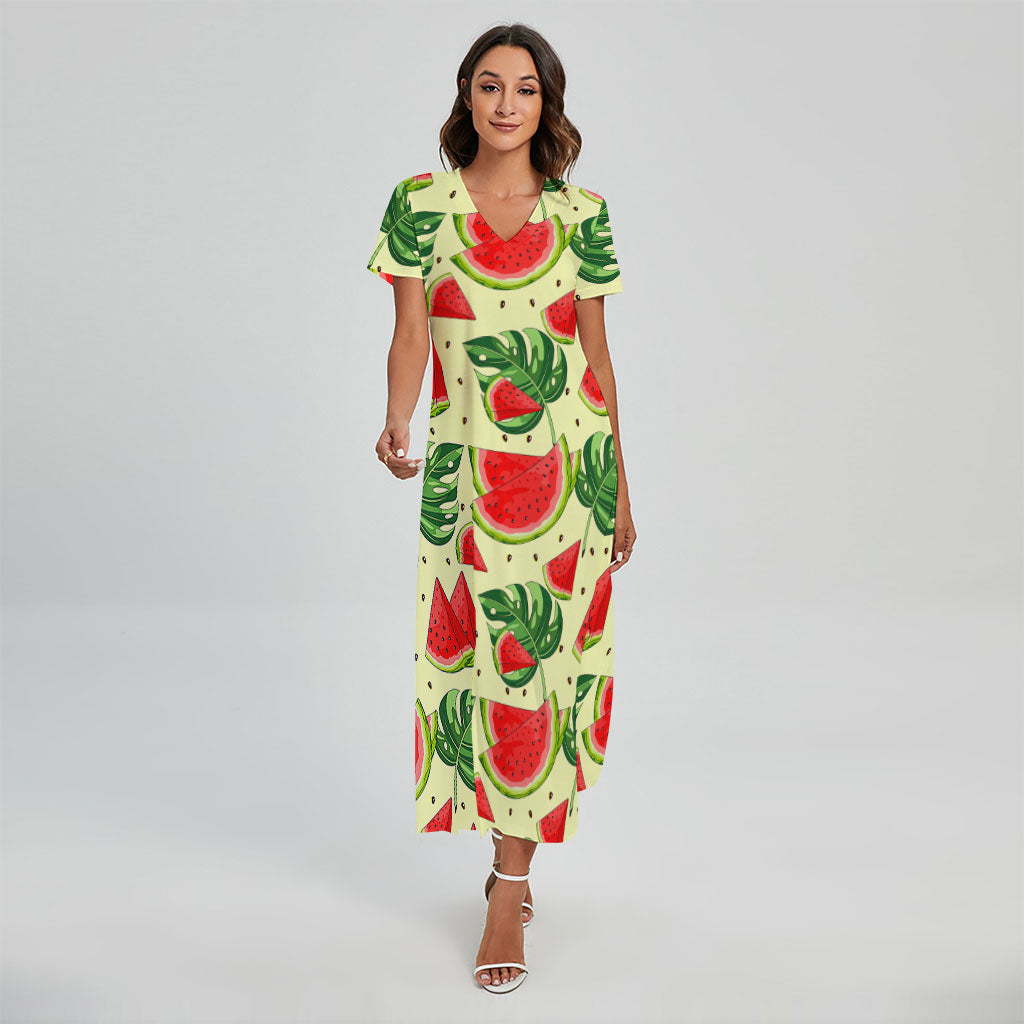 Cute Tropical Watermelon Pattern Print Short Sleeve Maxi Dress