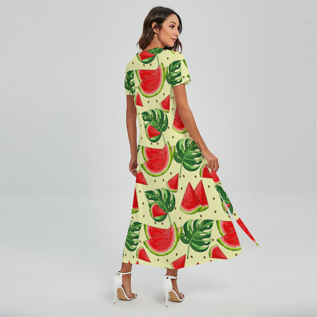 Cute Tropical Watermelon Pattern Print Short Sleeve Maxi Dress