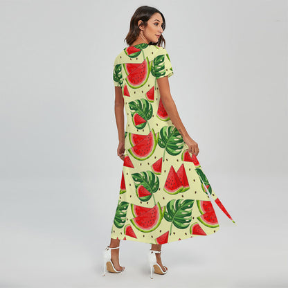 Cute Tropical Watermelon Pattern Print Short Sleeve Maxi Dress