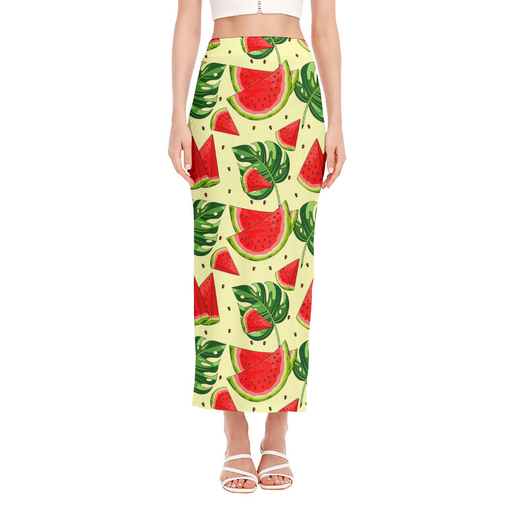 Cute Tropical Watermelon Pattern Print Side Slit Maxi Skirt