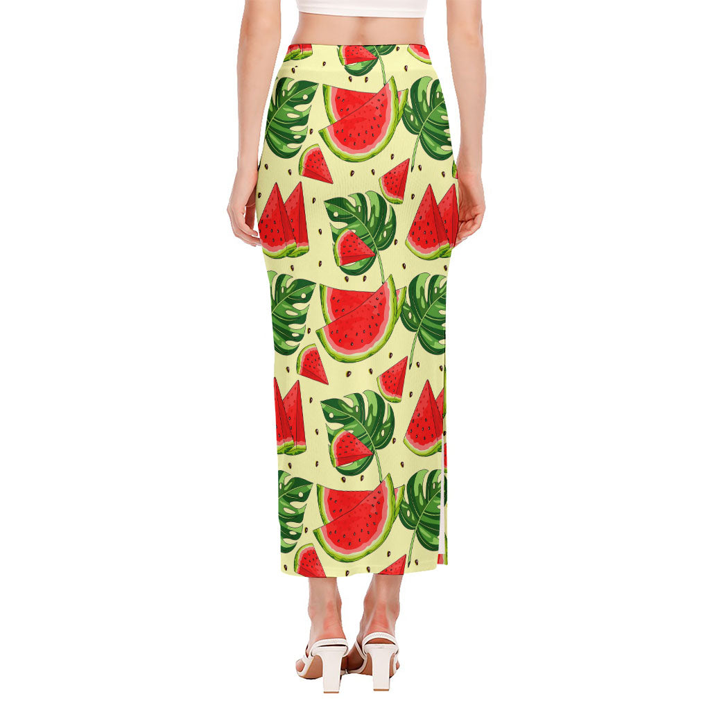 Cute Tropical Watermelon Pattern Print Side Slit Maxi Skirt