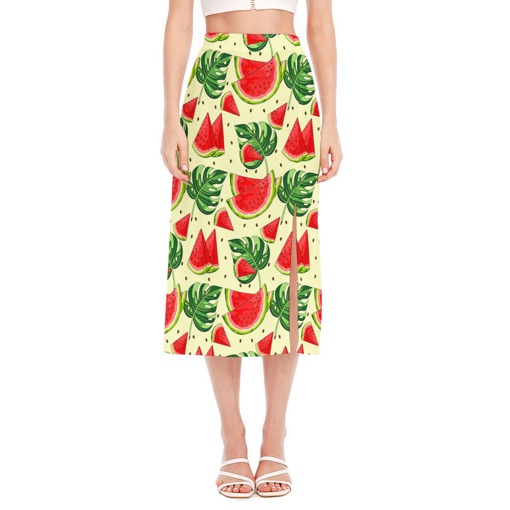 Cute Tropical Watermelon Pattern Print Side Slit Midi Skirt