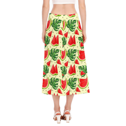 Cute Tropical Watermelon Pattern Print Side Slit Midi Skirt