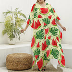 Cute Tropical Watermelon Pattern Print Silk V-Neck Kaftan Dress
