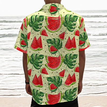 Cute Tropical Watermelon Pattern Print Textured Short Sleeve Shirt