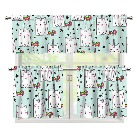 Cute Unicorn Cat Pattern Print 3 Piece Kitchen Curtains