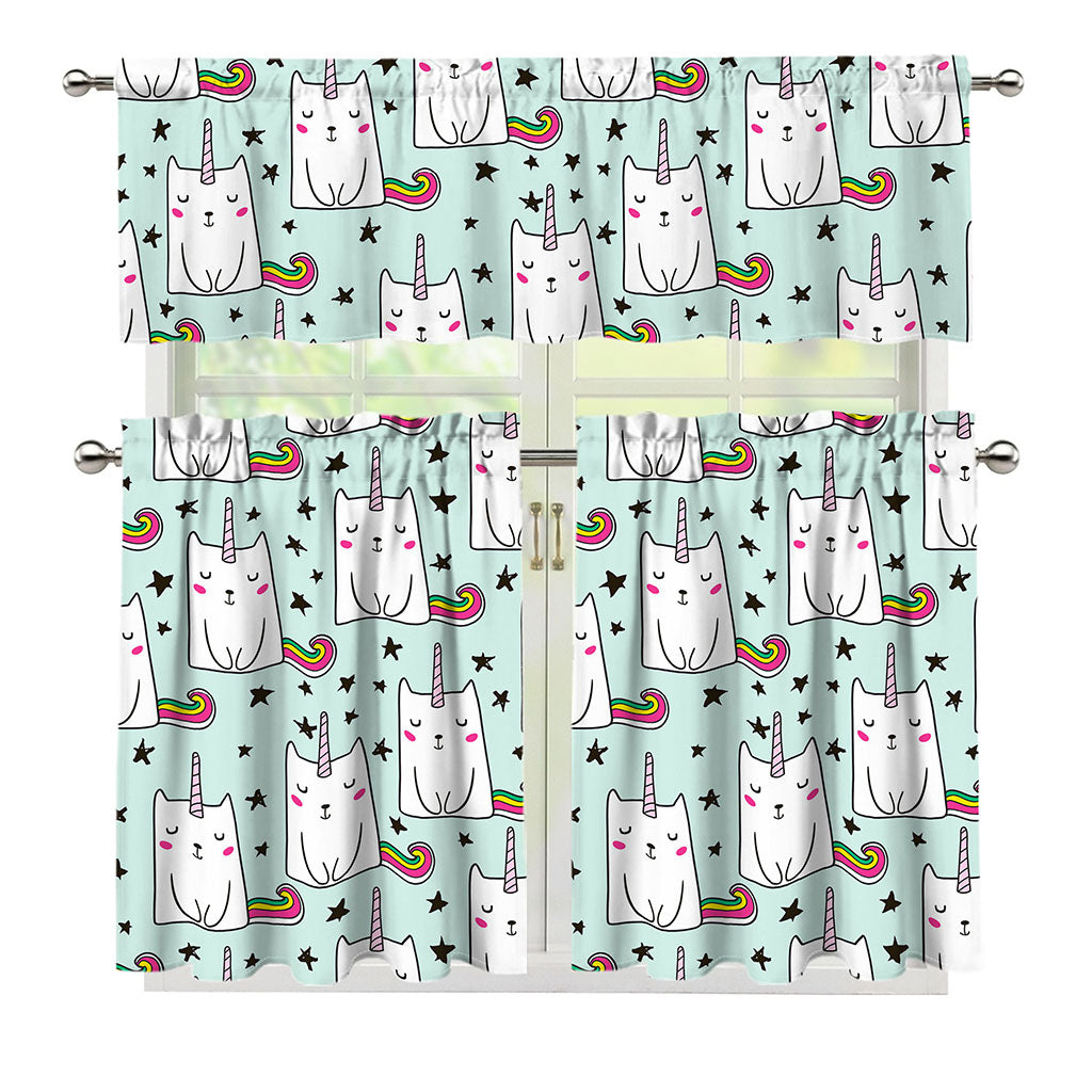 Cute Unicorn Cat Pattern Print 3 Piece Kitchen Curtains