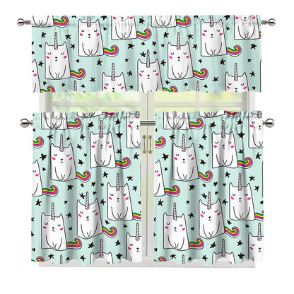 Cute Unicorn Cat Pattern Print 3 Piece Kitchen Curtains