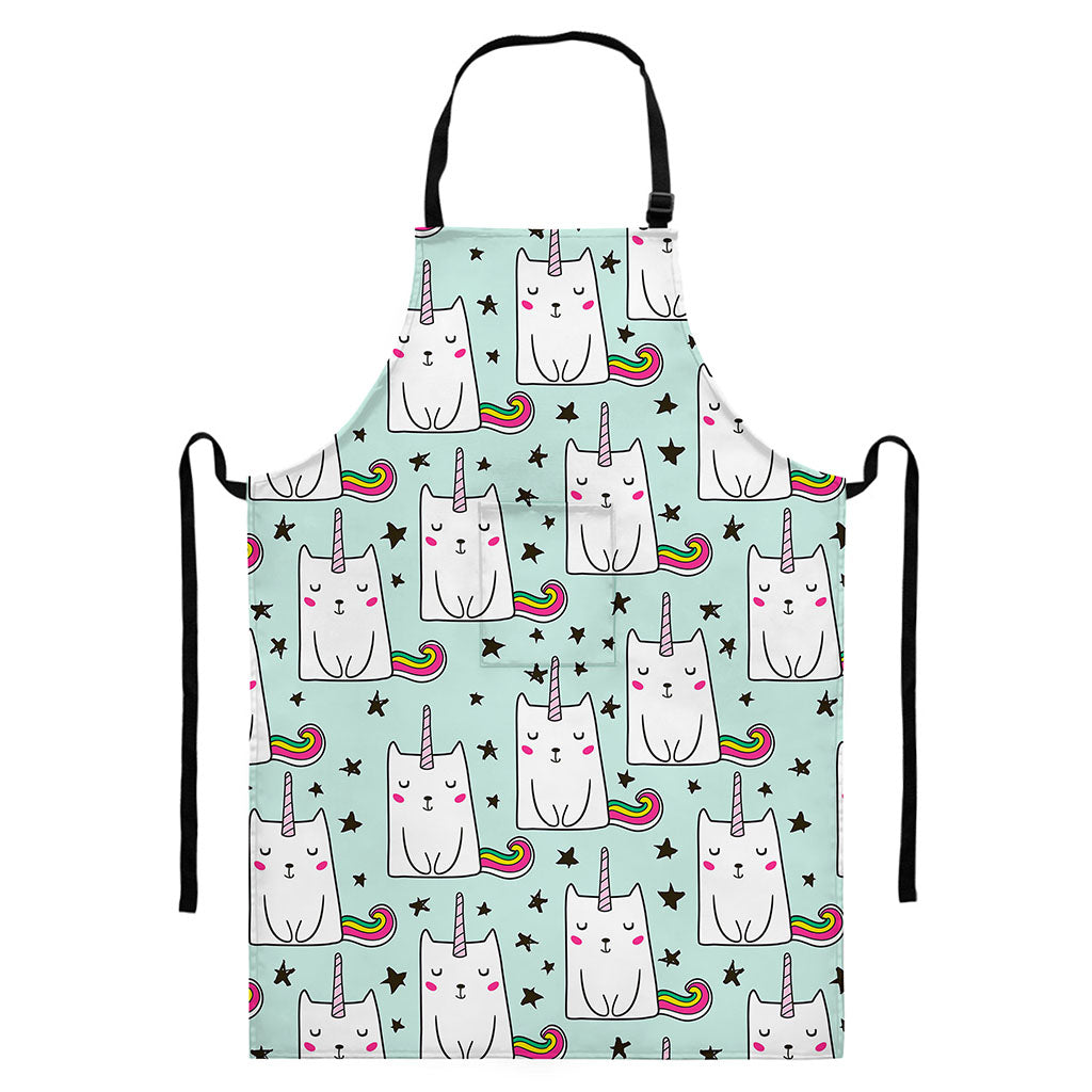 Cute Unicorn Cat Pattern Print Bib Apron With Pocket