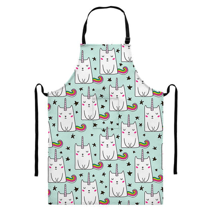 Cute Unicorn Cat Pattern Print Bib Apron With Pocket