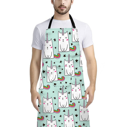 Cute Unicorn Cat Pattern Print Bib Apron With Pocket