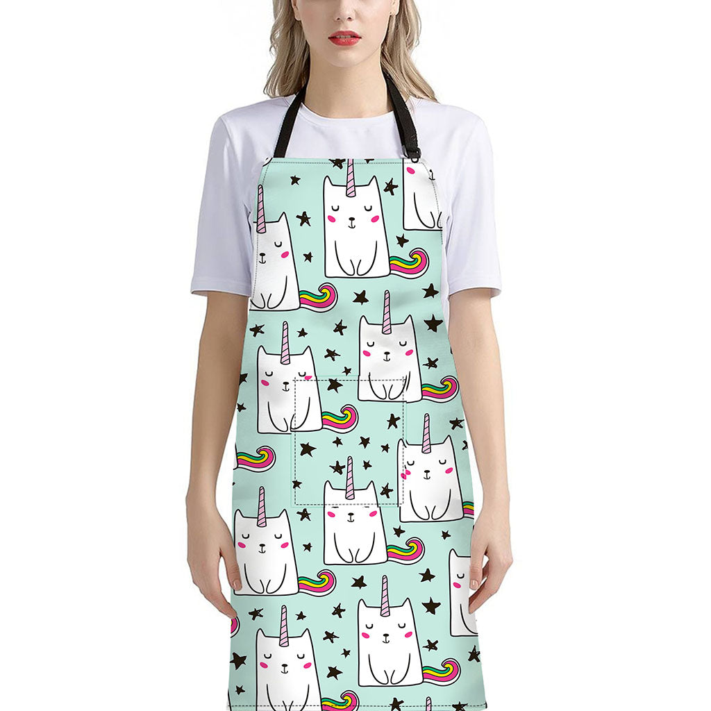Cute Unicorn Cat Pattern Print Bib Apron With Pocket