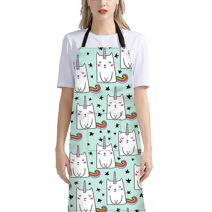 Cute Unicorn Cat Pattern Print Bib Apron With Pocket
