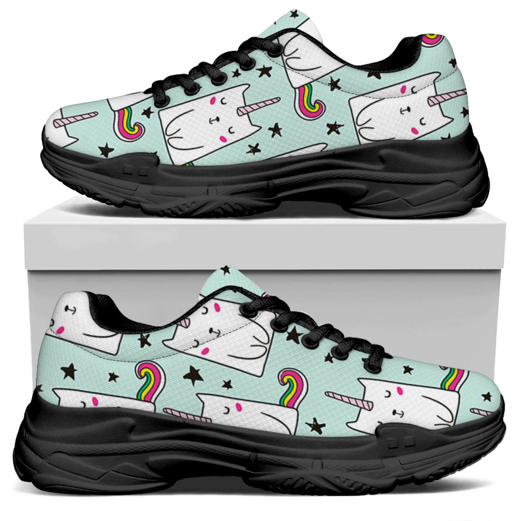 Cute Unicorn Cat Pattern Print Black Chunky Shoes