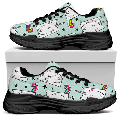 Cute Unicorn Cat Pattern Print Black Chunky Shoes