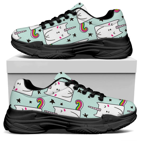 Cute Unicorn Cat Pattern Print Black Chunky Shoes