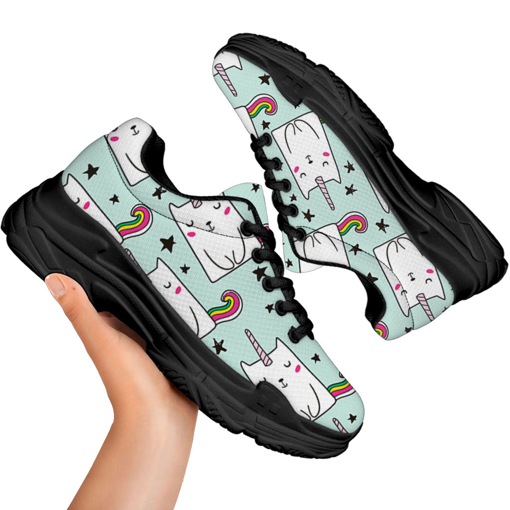Cute Unicorn Cat Pattern Print Black Chunky Shoes