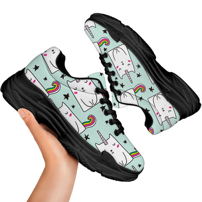 Cute Unicorn Cat Pattern Print Black Chunky Shoes