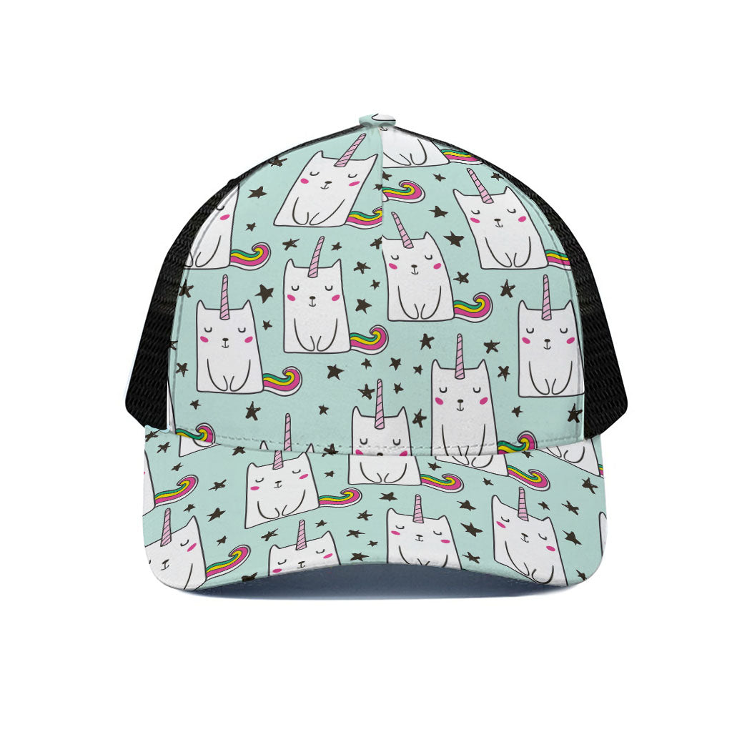 Cute Unicorn Cat Pattern Print Black Mesh Trucker Cap