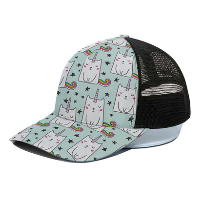 Cute Unicorn Cat Pattern Print Black Mesh Trucker Cap