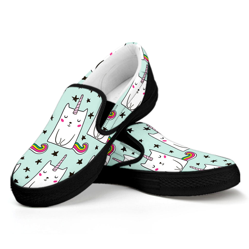 Cute Unicorn Cat Pattern Print Black Slip On Sneakers