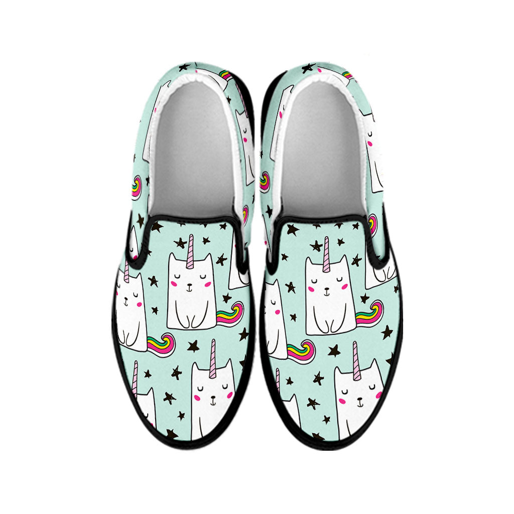 Cute Unicorn Cat Pattern Print Black Slip On Sneakers