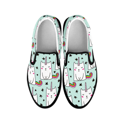 Cute Unicorn Cat Pattern Print Black Slip On Sneakers