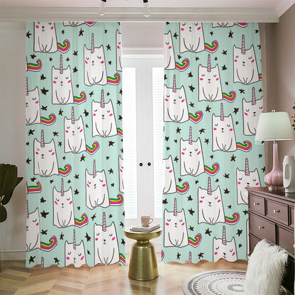 Cute Unicorn Cat Pattern Print Blackout Pencil Pleat Curtains