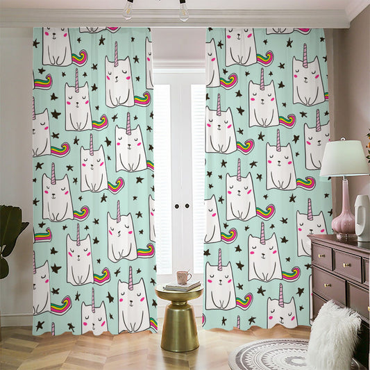 Cute Unicorn Cat Pattern Print Blackout Pencil Pleat Curtains