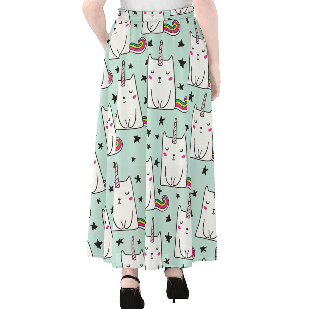 Cute Unicorn Cat Pattern Print Chiffon Maxi Skirt
